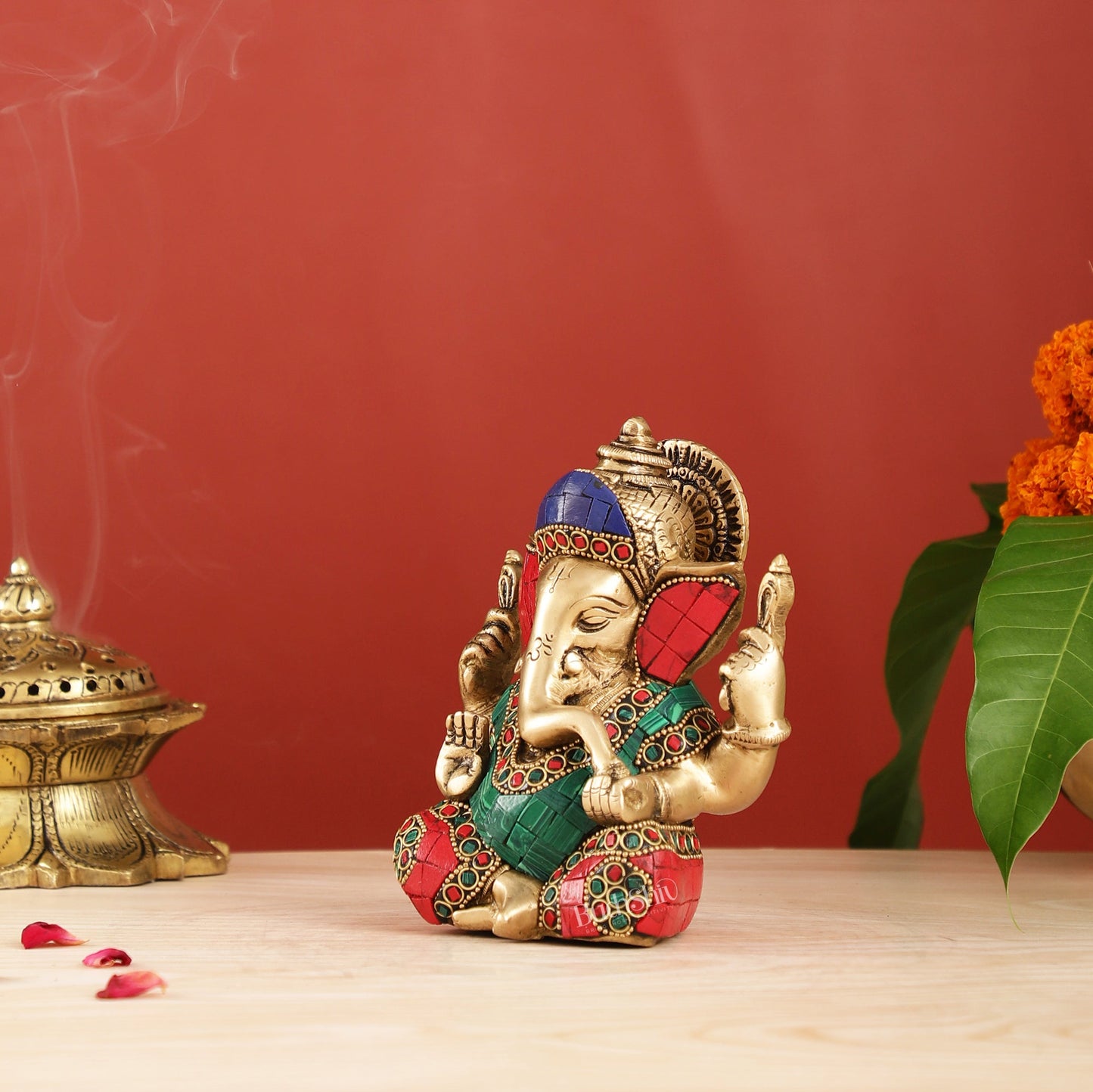 Taj Ganesha Brass Figurine with meenakari stonework 6"