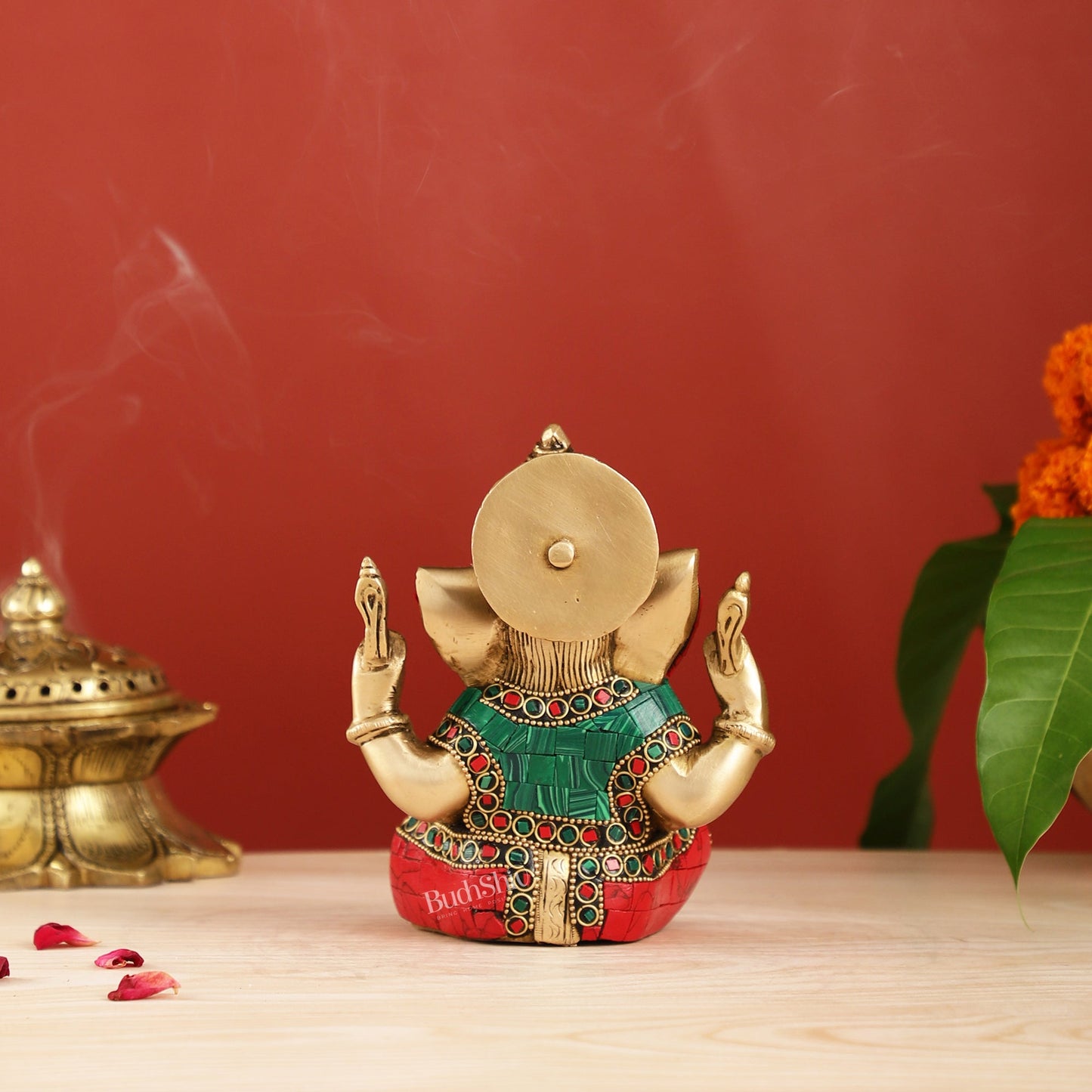 Taj Ganesha Brass Figurine with meenakari stonework 6"