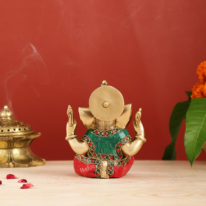 Taj Ganesha Brass Figurine with meenakari stonework 6"