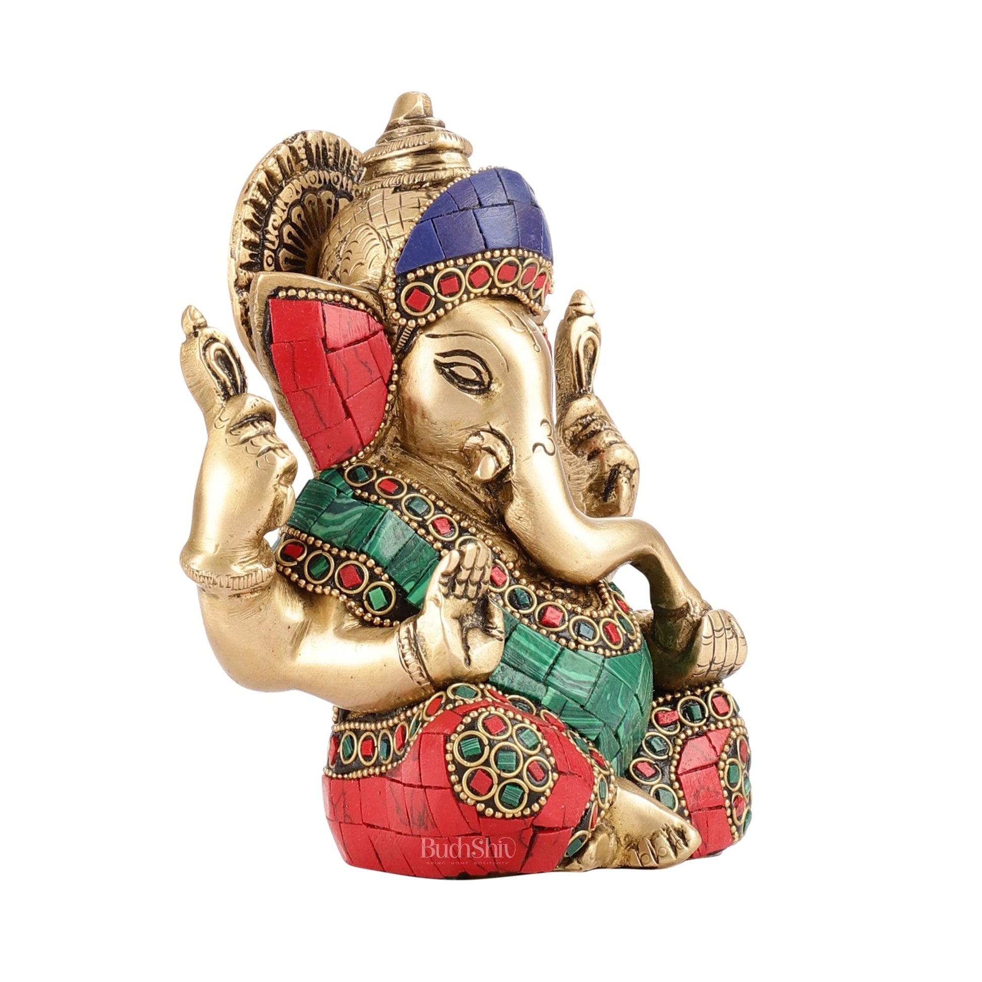 Taj Ganesha Brass Figurine with meenakari stonework 6"