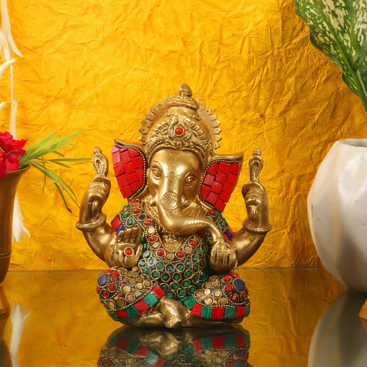 Unique Taj Ganesha Brass Sculpture with meenakari stonework 6"