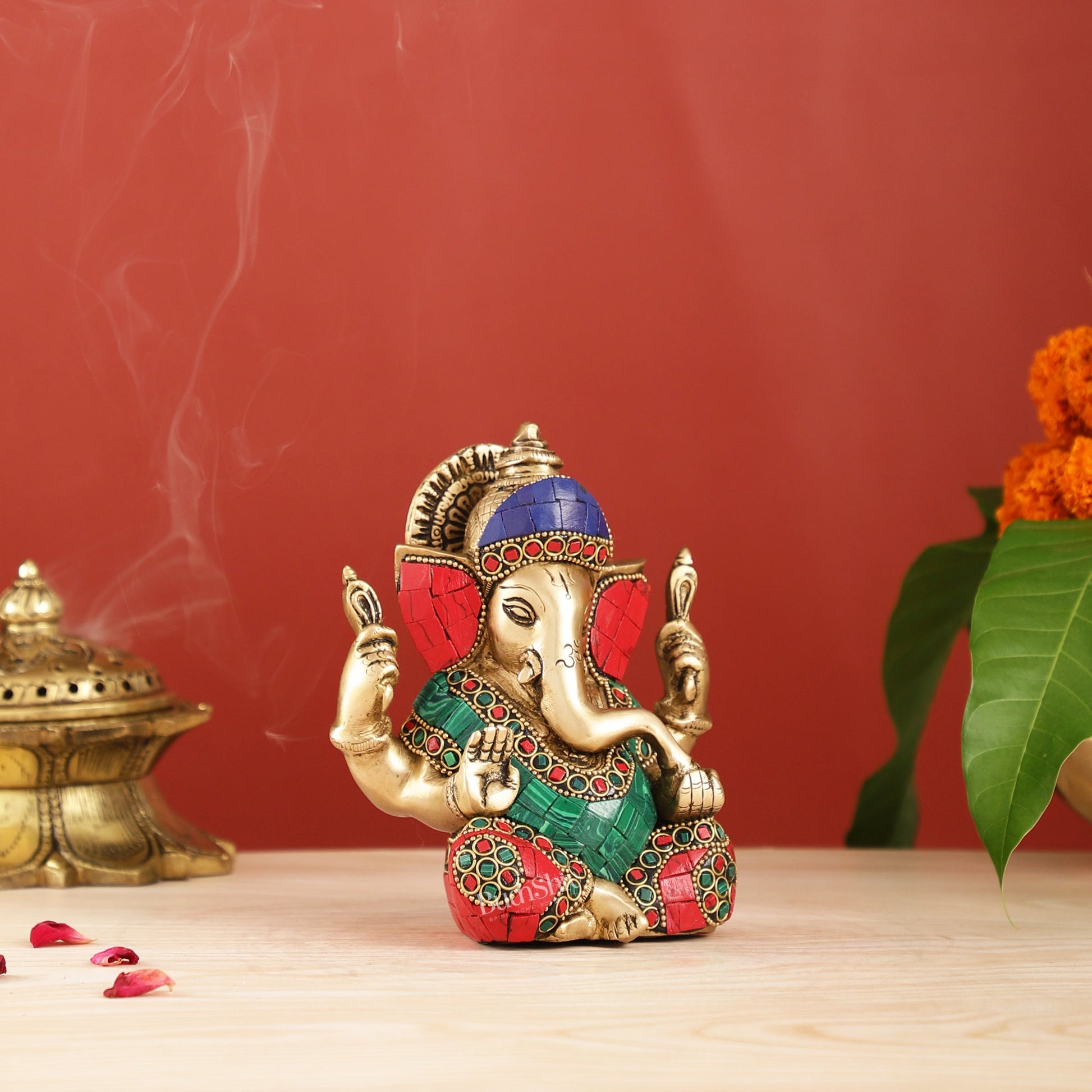 Taj Ganesha Brass Figurine with meenakari stonework 6"