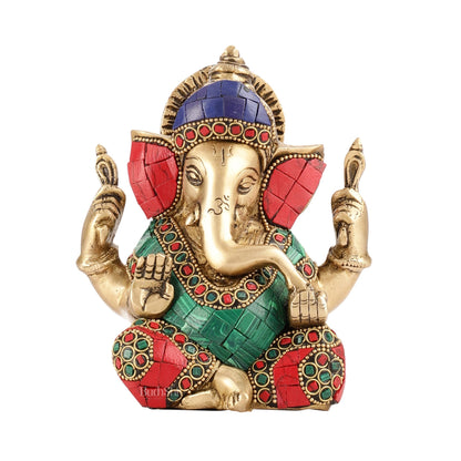 Taj Ganesha Brass Figurine with meenakari stonework 6"