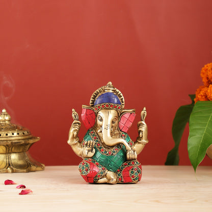 Taj Ganesha Brass Figurine with meenakari stonework 6"