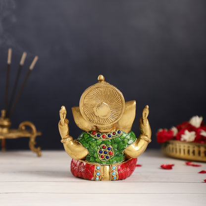 Taj Ganesha brass idol with meenakari stonework 6"