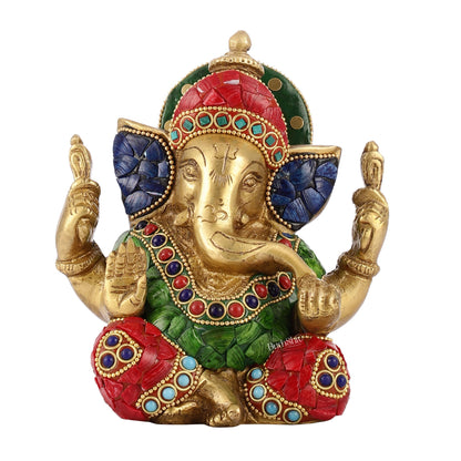 Taj Ganesha brass idol with meenakari stonework 6"