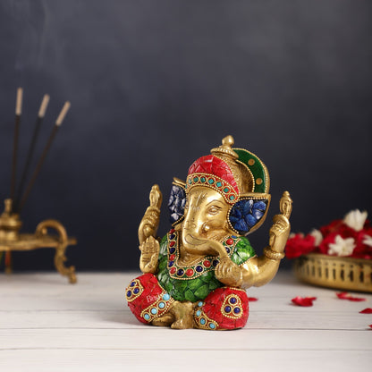 Taj Ganesha brass idol with meenakari stonework 6"