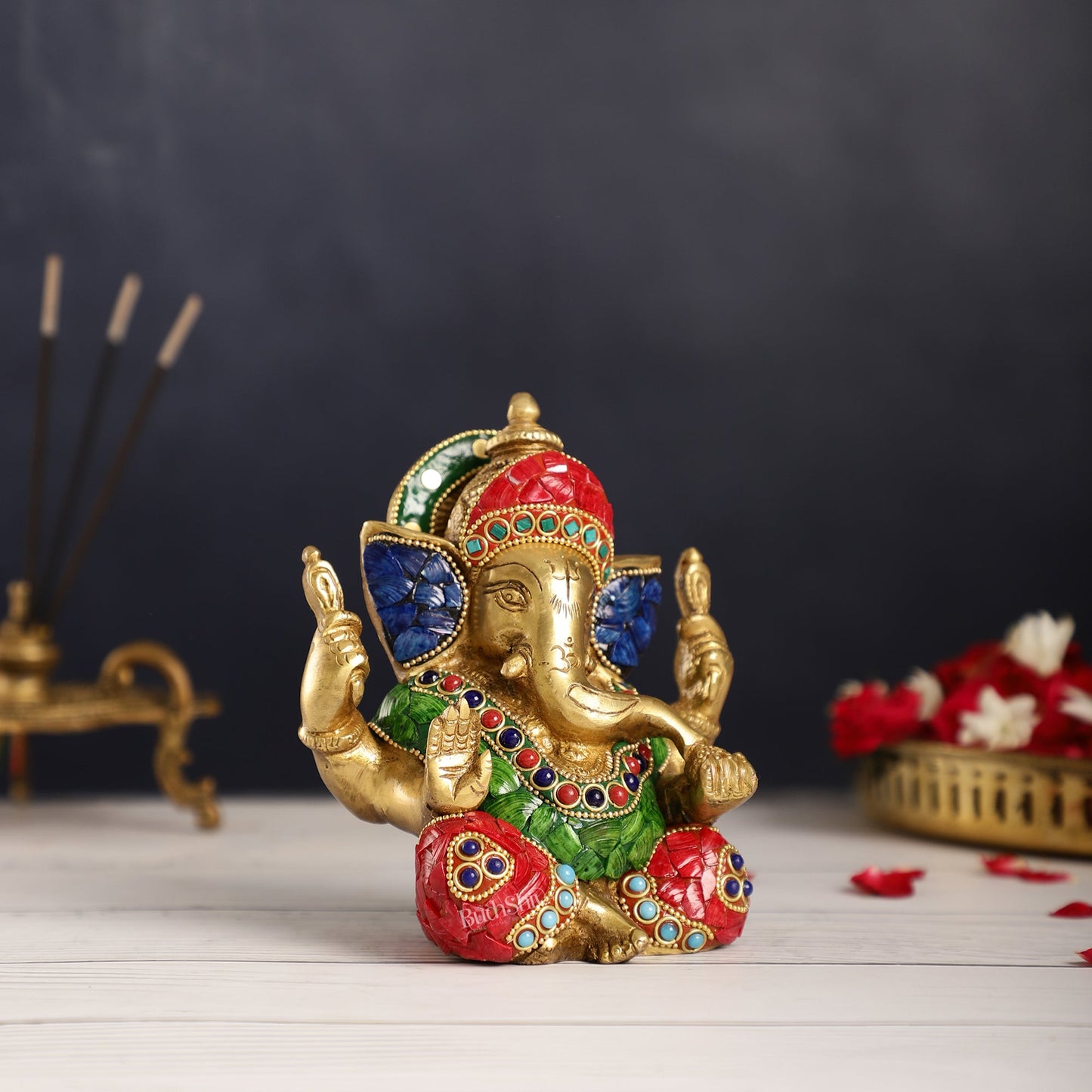 Taj Ganesha brass idol with meenakari stonework 6"