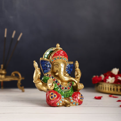 Taj Ganesha brass idol with meenakari stonework 6"