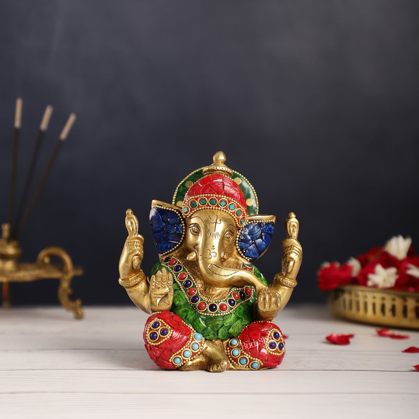 Taj Ganesha brass idol with meenakari stonework 6"