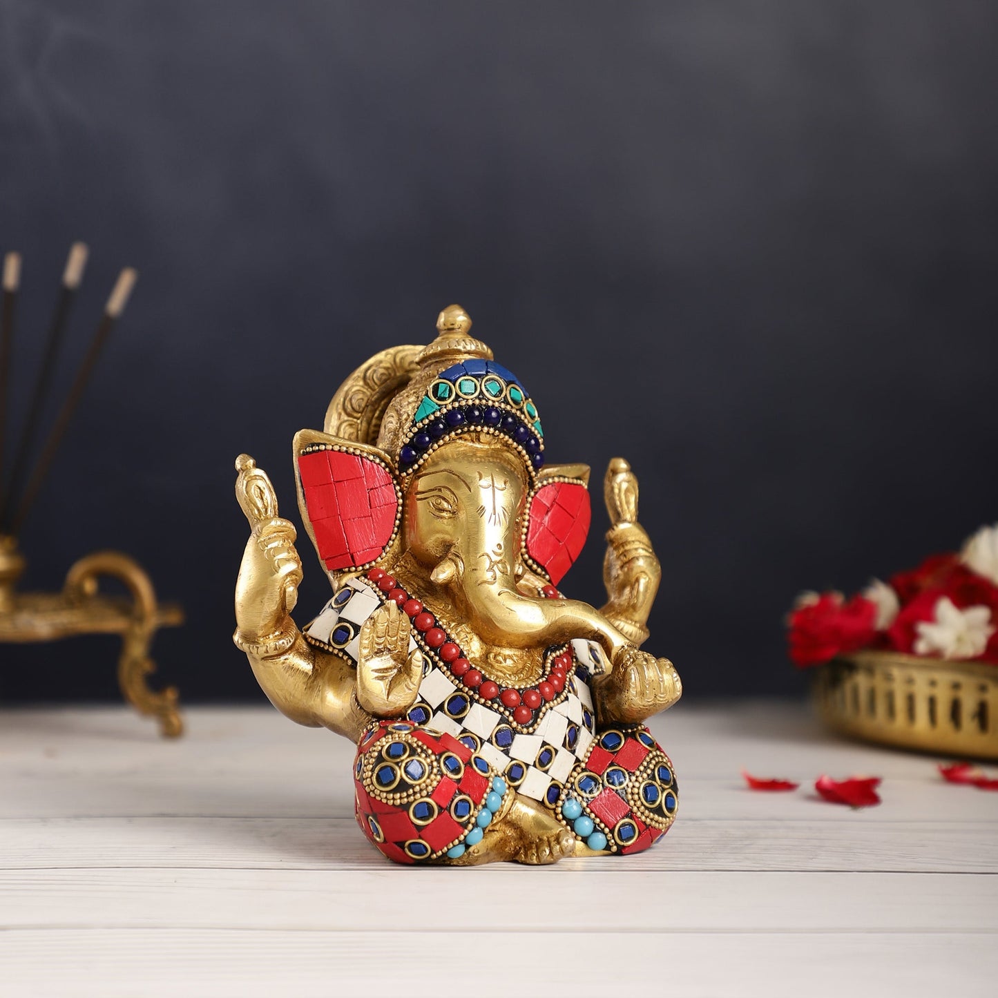 Taj Ganesha brass idol with meenakari stonework 6"