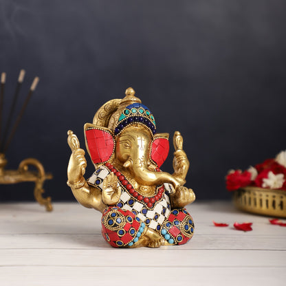 Taj Ganesha brass idol with meenakari stonework 6"