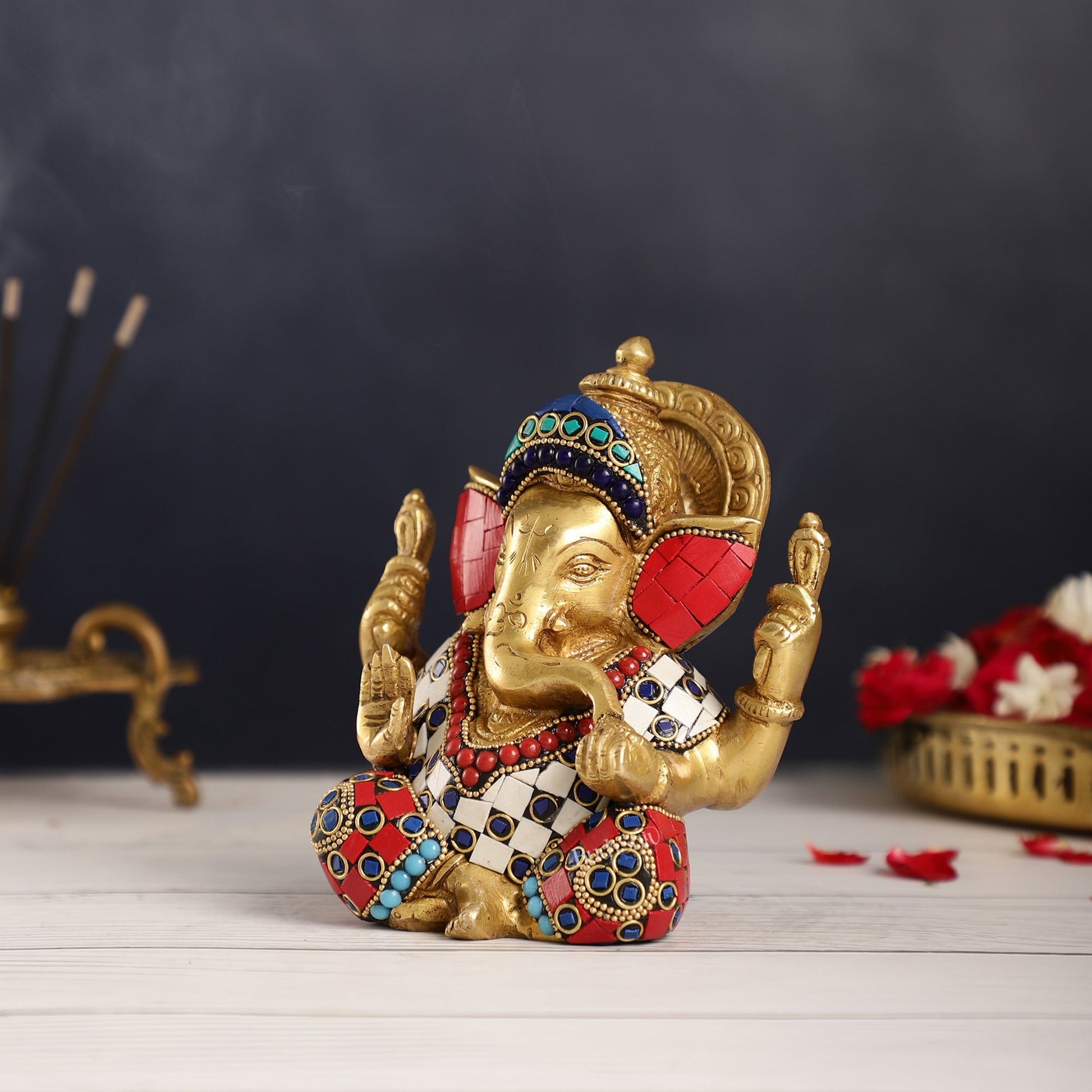 Taj Ganesha brass idol with meenakari stonework 6"