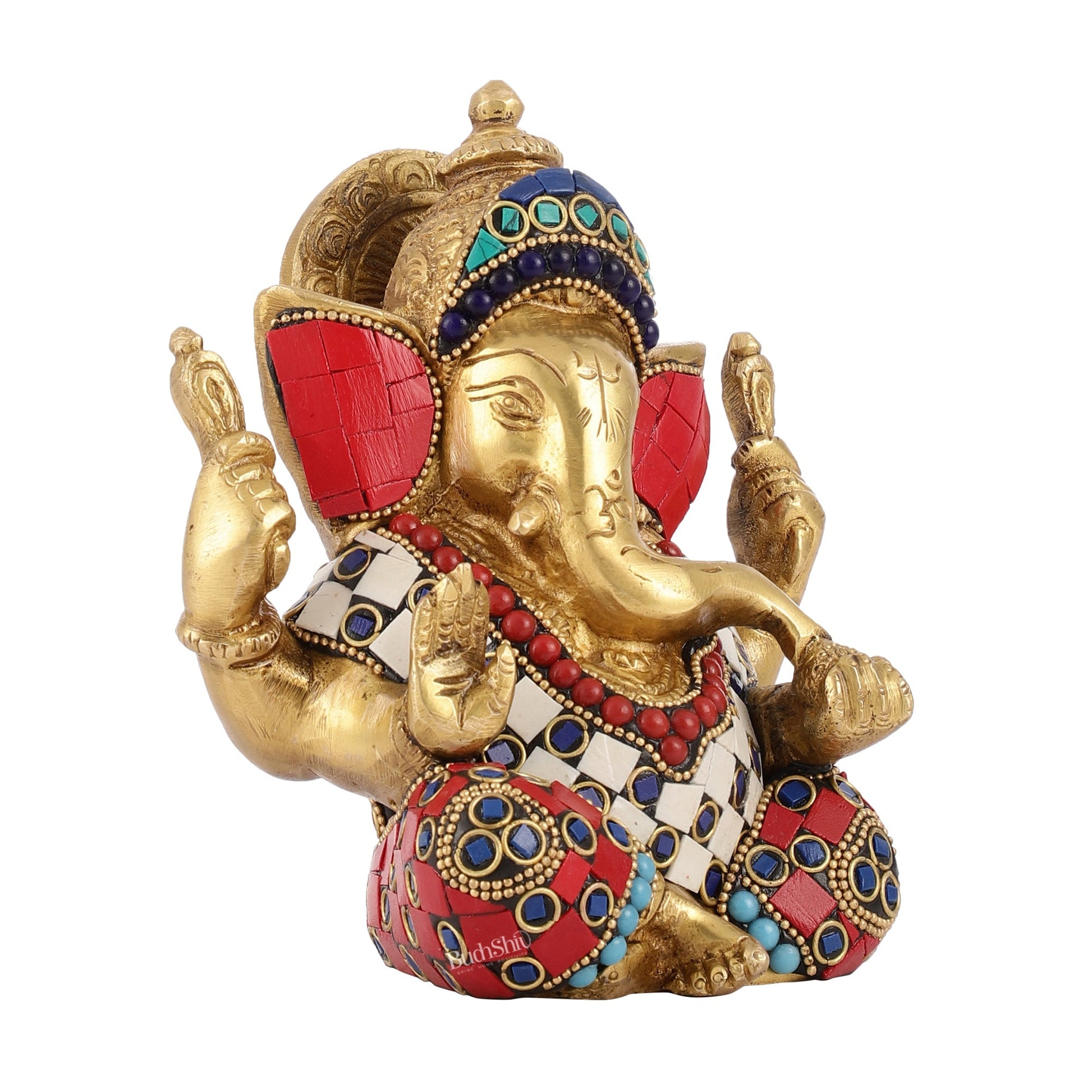 Taj Ganesha brass idol with meenakari stonework 6"