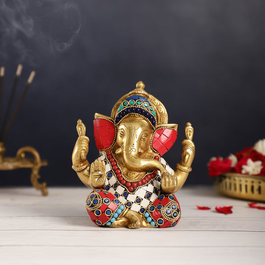 Taj Ganesha brass idol with meenakari stonework 6"