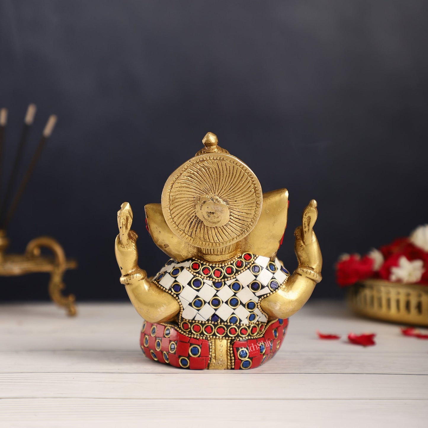 Taj Ganesha brass idol with meenakari stonework 6"