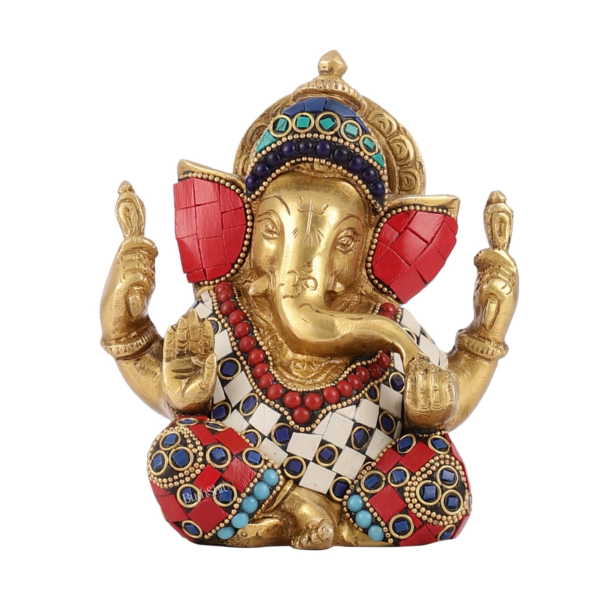 Taj Ganesha brass idol with meenakari stonework 6"