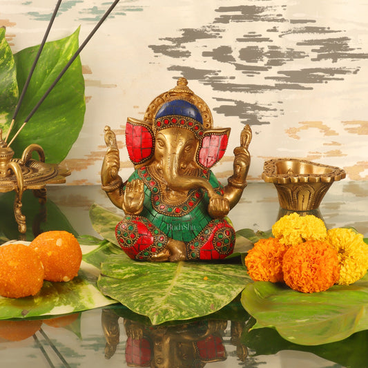 Taj Ganesha brass idol with meenakari stonework | suitable for office desk/study table/ temple