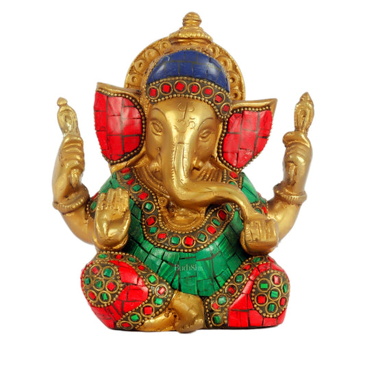 Taj Ganesha brass idol with meenakari stonework | suitable for office desk/study table/ temple
