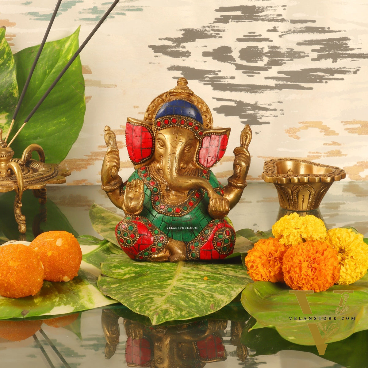 Taj Ganesha brass idol with meenakari stonework | suitable for office desk/study table/ temple
