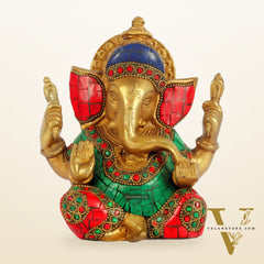 Taj Ganesha brass idol with meenakari stonework | suitable for office desk/study table/ temple