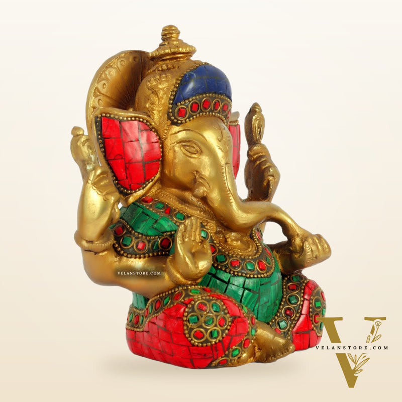 Taj Ganesha brass idol with meenakari stonework | suitable for office desk/study table/ temple
