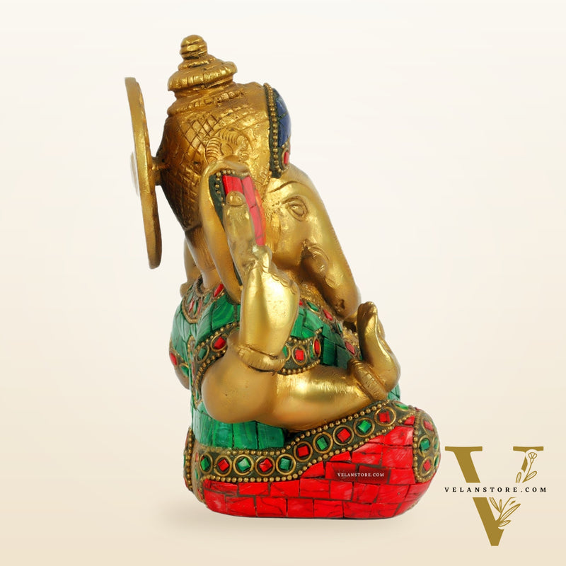 Taj Ganesha brass idol with meenakari stonework | suitable for office desk/study table/ temple