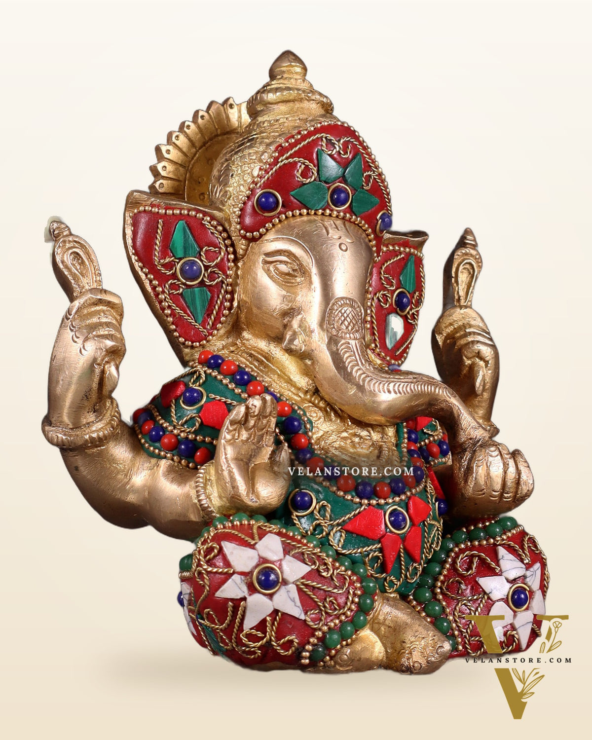 Taj Ganesha Brass Sculpture with floral stonework 6"