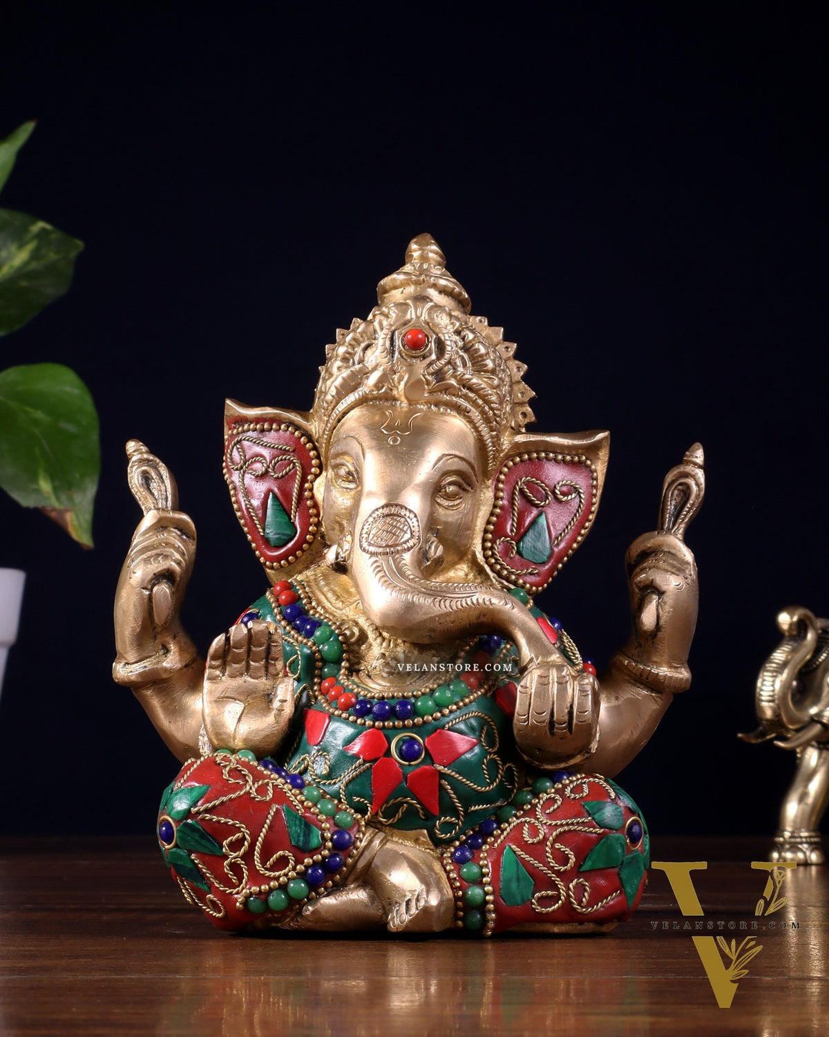 Taj Ganesha Brass Sculpture with floral stonework 6"