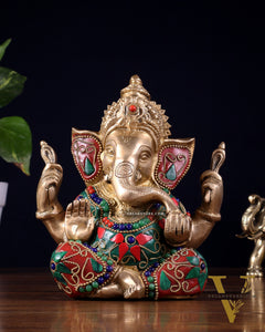 Taj Ganesha Brass Sculpture with floral stonework 6"