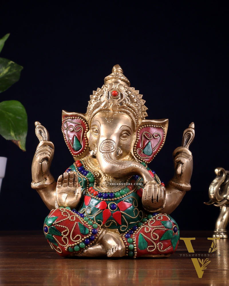 Taj Ganesha Brass Sculpture with floral stonework 6"