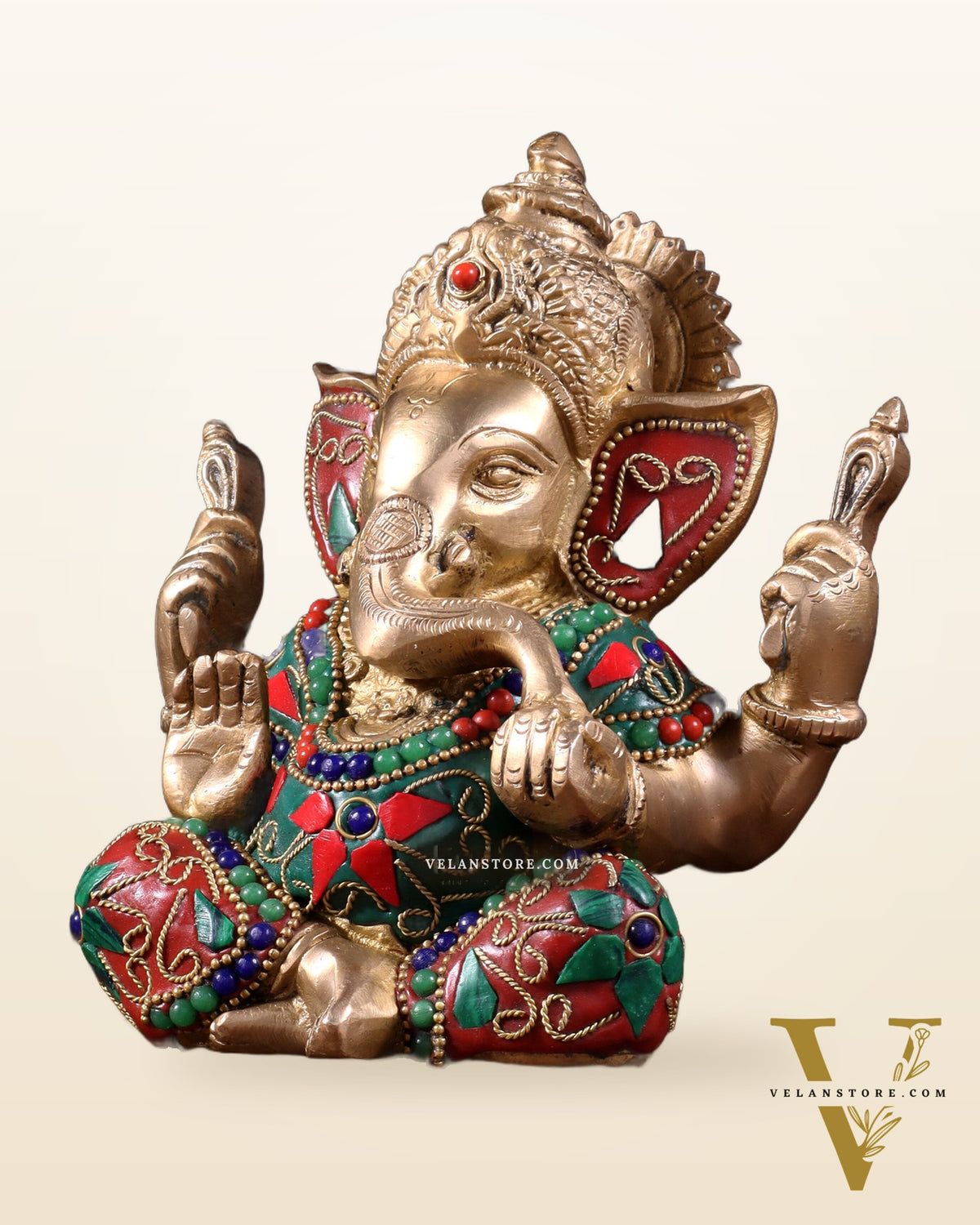 Taj Ganesha Brass Sculpture with floral stonework 6"