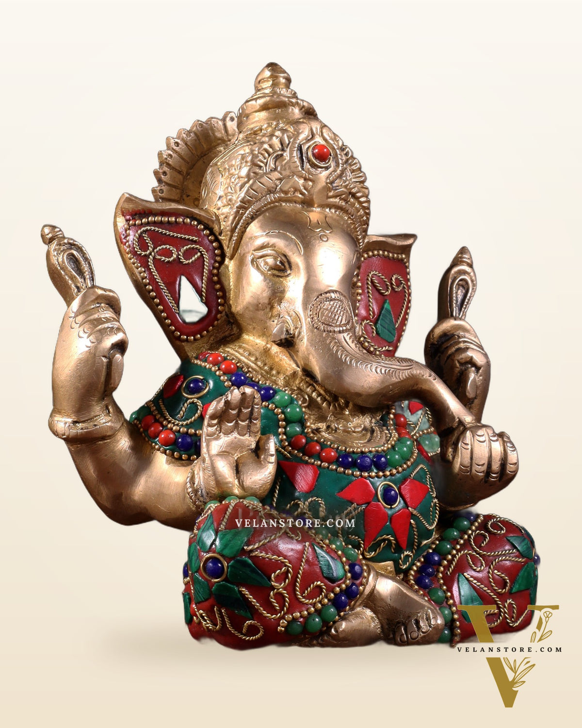 Taj Ganesha Brass Sculpture with floral stonework 6"