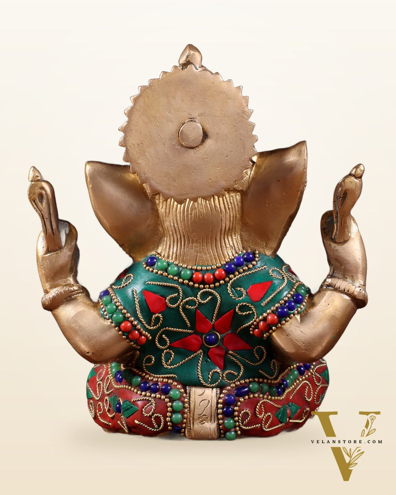 Taj Ganesha Brass Sculpture with floral stonework 6"