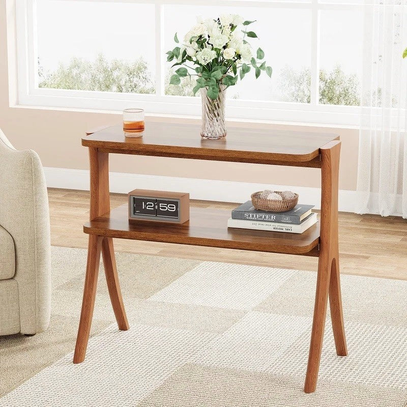 Tall Narrow End Table with 2-Tier Shelf and Solid Wood Legs