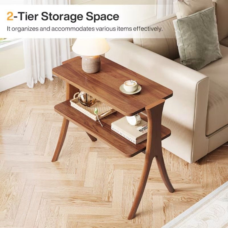Tall Narrow End Table with 2-Tier Shelf and Solid Wood Legs