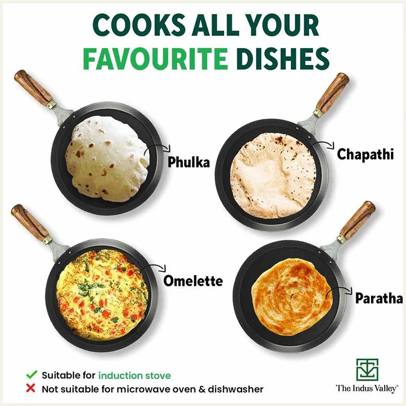 100% Pure Sheet Iron Tawa, Wooden Handle, Seasoned, Toxin-free, Induction, 26cm, 1kg