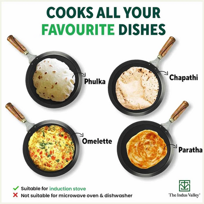 100% Pure Sheet Iron Tawa, Wooden Handle, Seasoned, Toxin-free, Induction, 26cm, 1kg