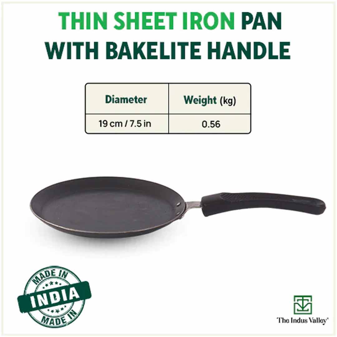 100% Pure Sheet Iron Omelette Tawa with Bakelite Handle, Seasoned, Toxin-free, Induction, 19cm, 0.56kg