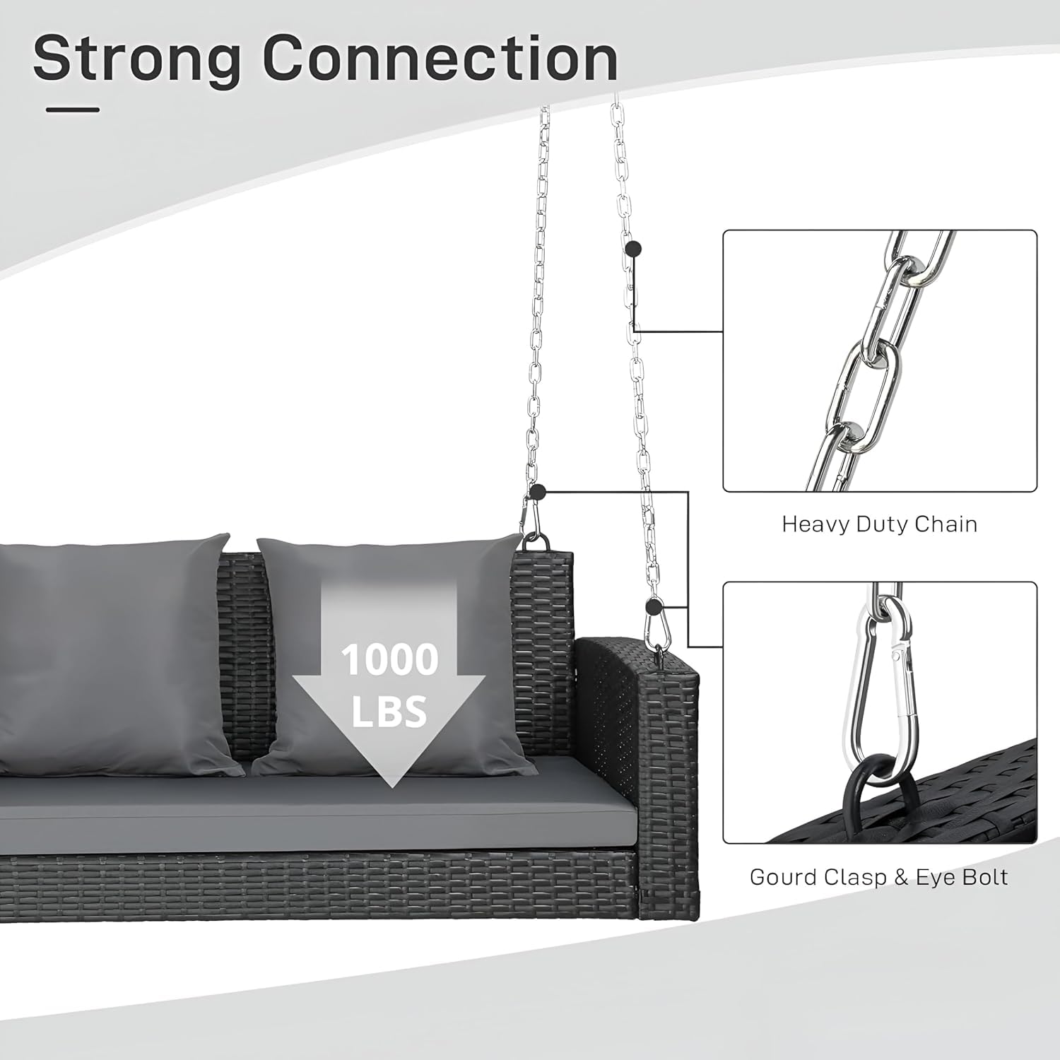 Vito Three Seater Hanging Swing Without Stand For Balcony , Garden Swing (Black)