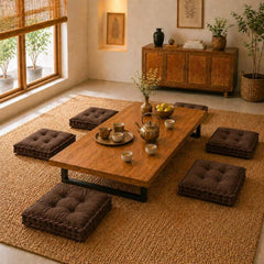 Japanese Low Seating Dining Table Set with Metal Legs & CloudTuft Floor Cushions