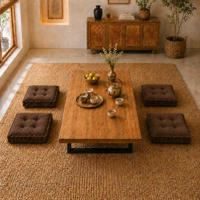 Japanese Low Seating Dining Table Set with Metal Legs & CloudTuft Floor Cushions