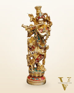 The Brass Krishna Statue - Divine Handcrafted Masterpiece | 14 inches with stonework