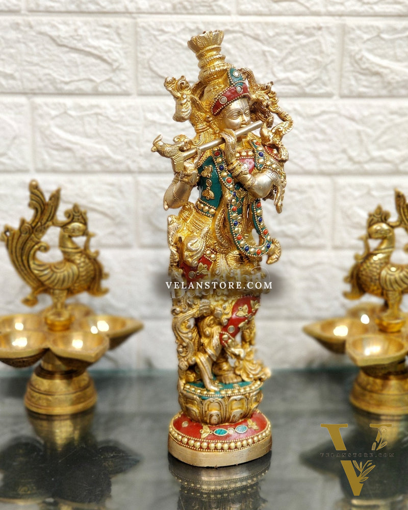 The Brass Krishna Statue - Divine Handcrafted Masterpiece | 14 inches with stonework