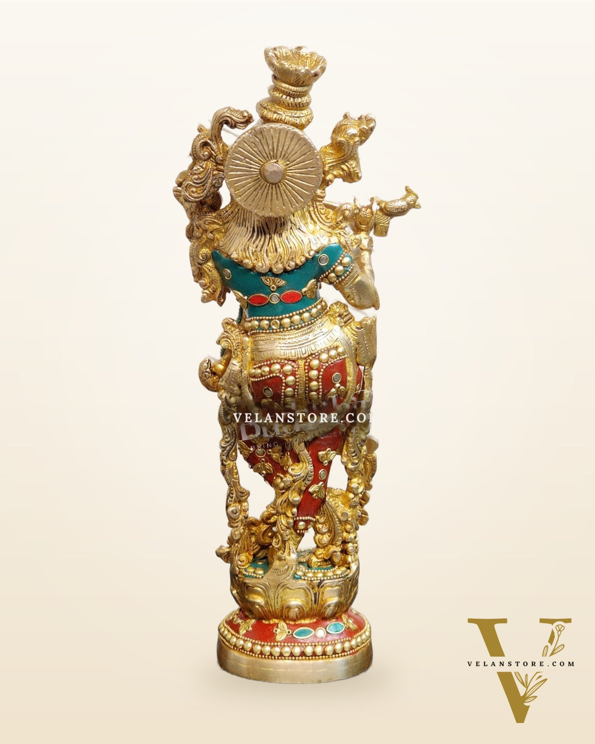 The Brass Krishna Statue - Divine Handcrafted Masterpiece | 14 inches with stonework
