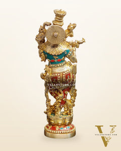 The Brass Krishna Statue - Divine Handcrafted Masterpiece | 14 inches with stonework