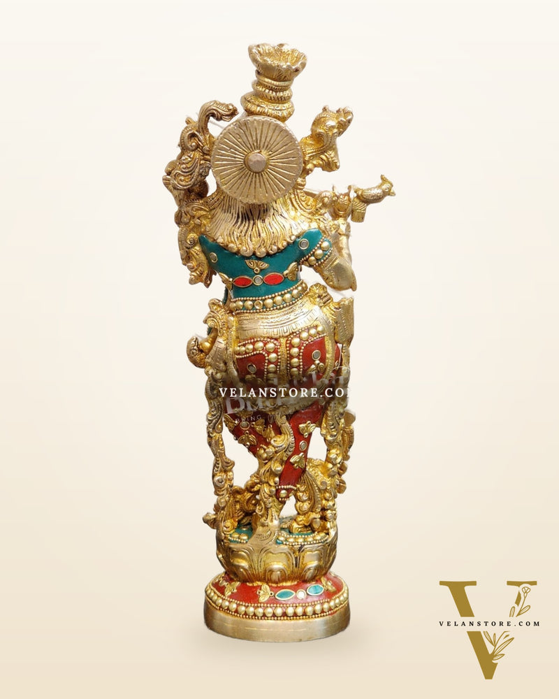 The Brass Krishna Statue - Divine Handcrafted Masterpiece | 14 inches with stonework