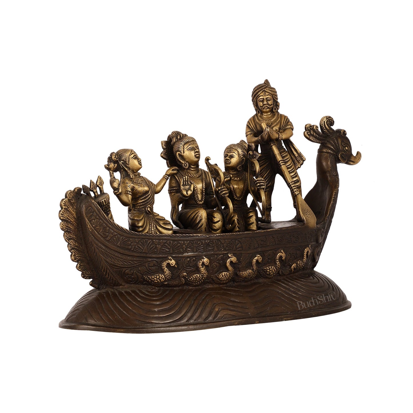Brass Lord Rama, Sita, and Lakshmana Statue on boat with Kewat statue