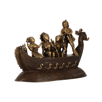 Brass Lord Rama, Sita, and Lakshmana Statue on boat with Kewat statue