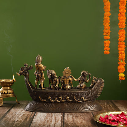 Brass Lord Rama, Sita, and Lakshmana Statue on boat with Kewat statue